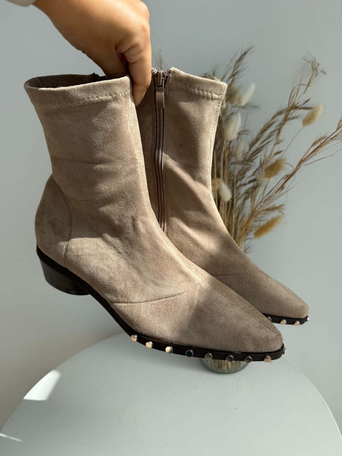 Women's Stretch Sock Ankle Boots with Studded Sole – Beige