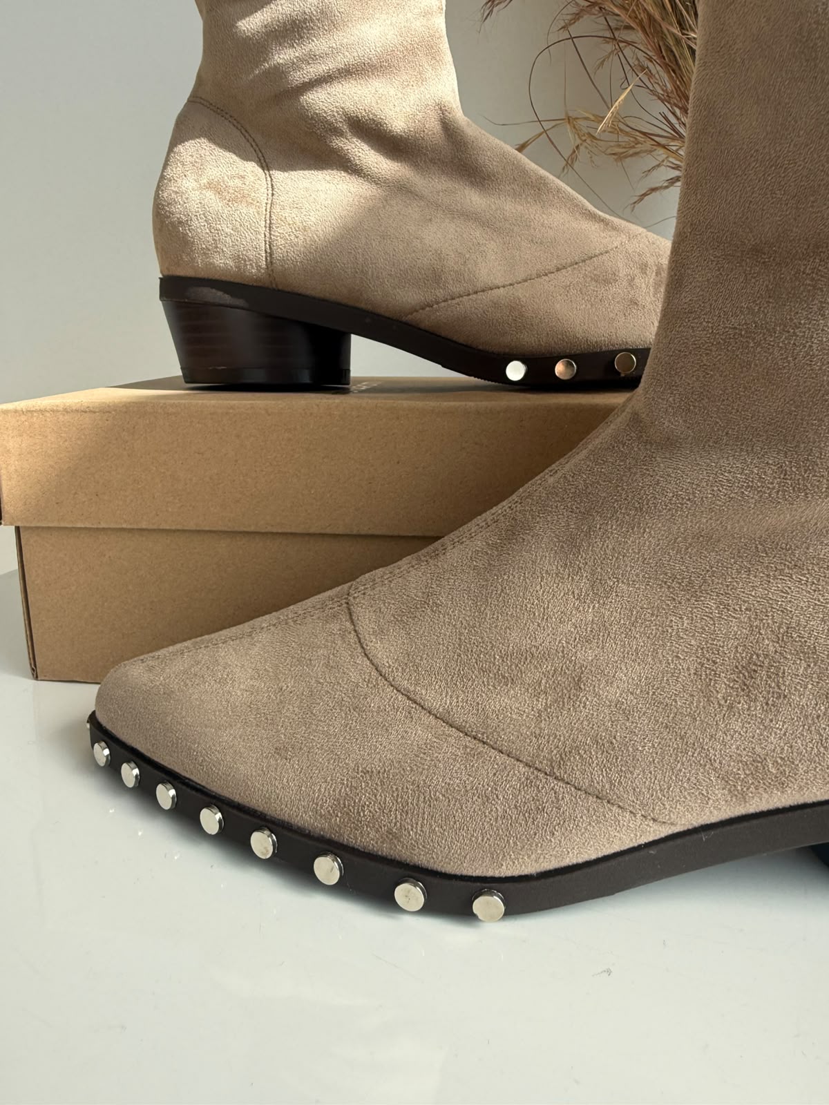 Women's Stretch Sock Ankle Boots with Studded Sole – Beige