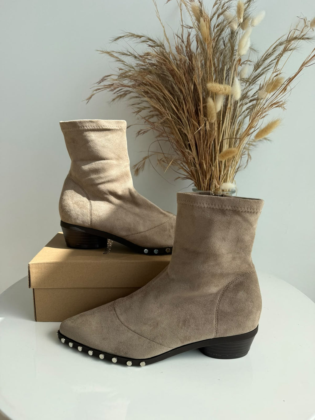 Women's Stretch Sock Ankle Boots with Studded Sole – Beige