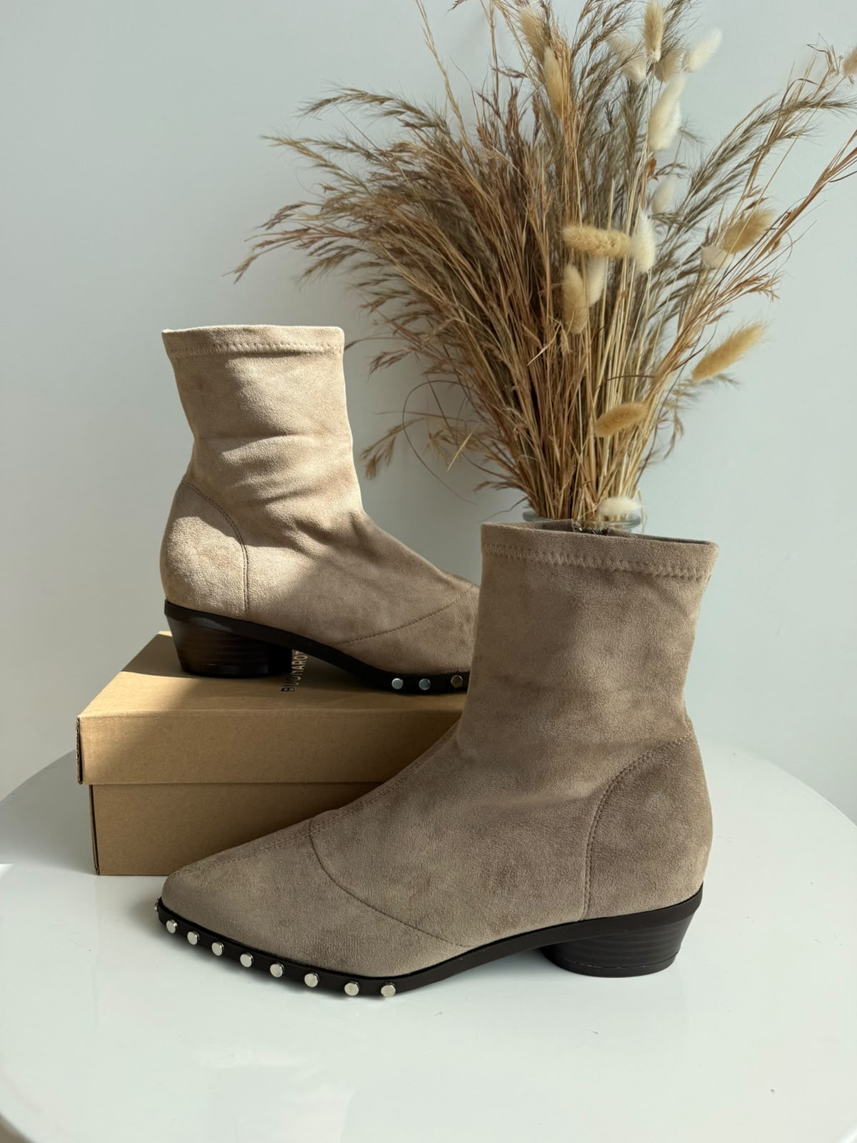 Women's Stretch Sock Ankle Boots with Studded Sole – Beige