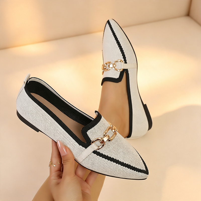 Women's Breathable Low-Cut Knitted Loafers with Pointed Toe and Metal Buckle
