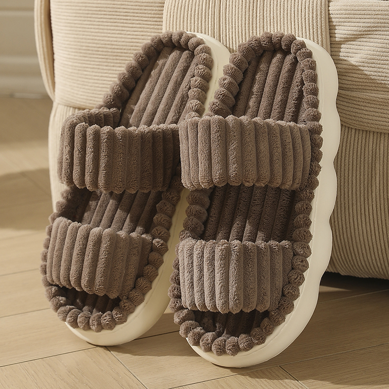 Women's Striped Plush Open-Toe Cloud-Like Indoor Slippers