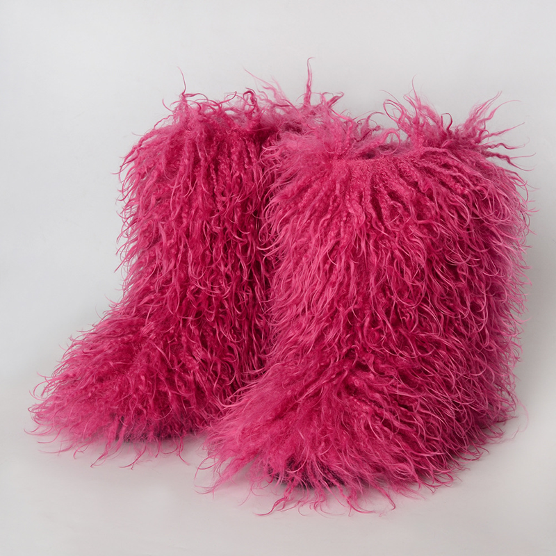 Women's fluffy curly-fur mid-calf boots