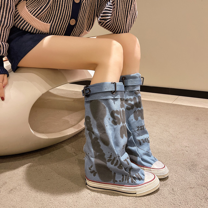 Women's Graffiti-Print Foldable Canvas Mid-Calf Boots