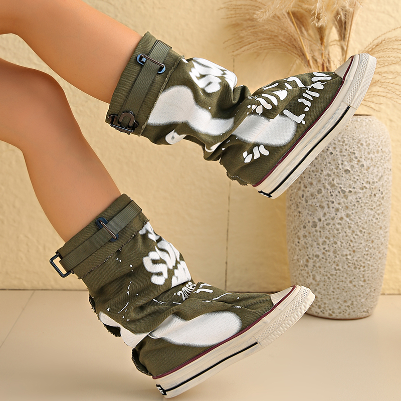 Women's Graffiti-Print Foldable Canvas Mid-Calf Boots