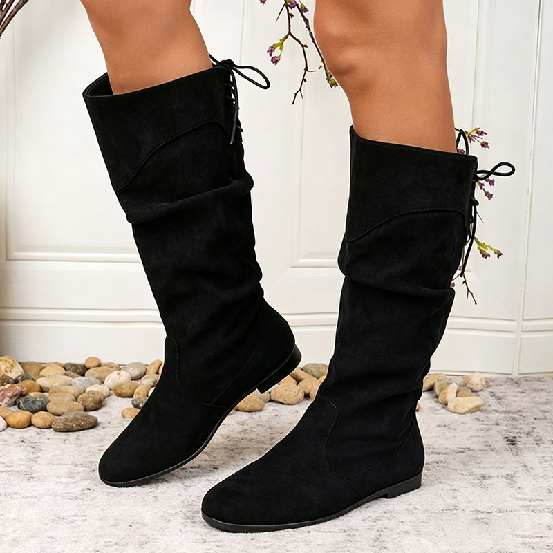 Women's Suede Ruched Tall Boots with Back Lacing
