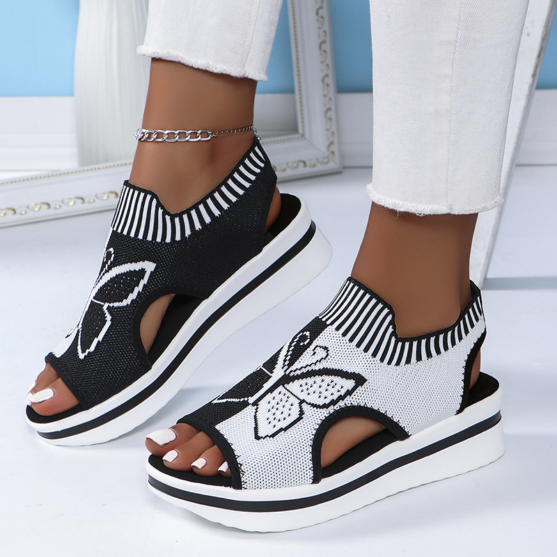 Women's Butterfly Print Knit Slip On Platform Wedge Sandals Open Toe Cutout Casual Shoes