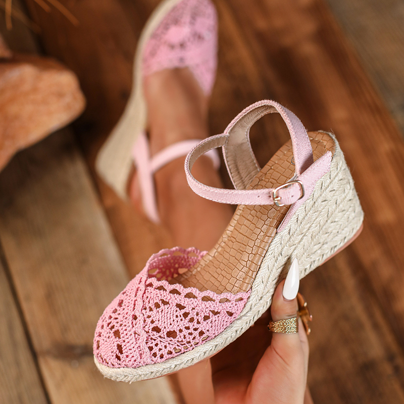 Women's Crochet Lace Closed-Toe Espadrille Wedge Sandals