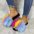 Fluffy open-toe flat slides with a colorful gradient