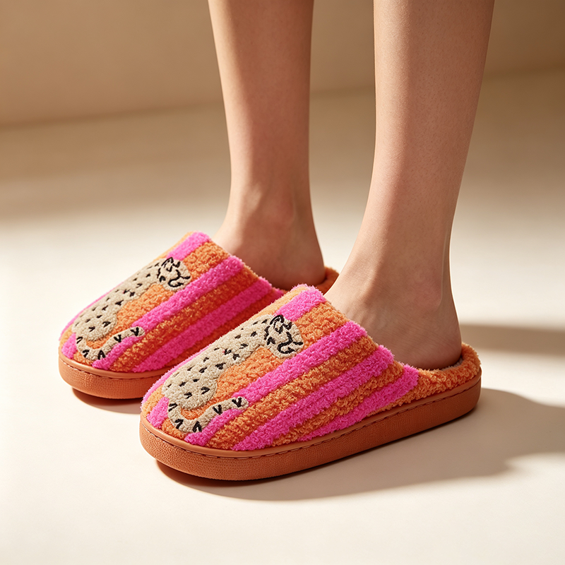 Women's Cute Leopard Print Embroidered Plush Slippers