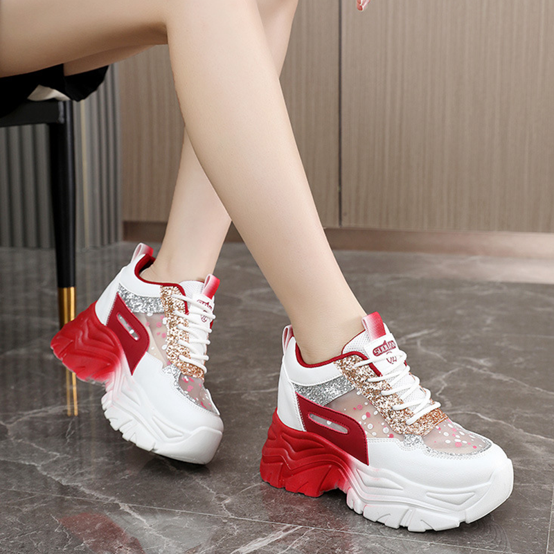 Sparkly Mesh Color-Block High-Top Platform Sneakers