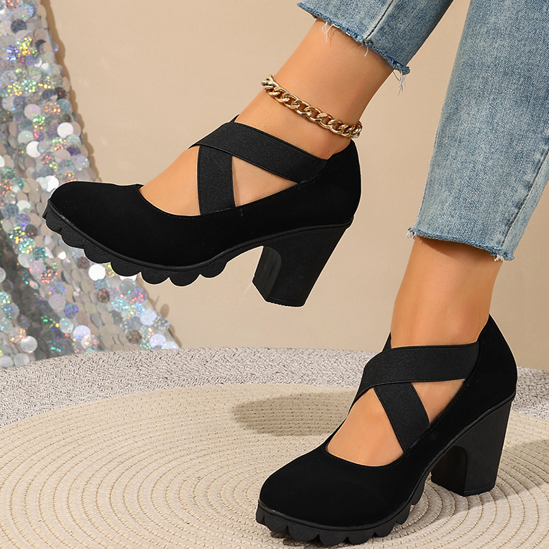Women's Block-Heel Shoes with Crisscross Elastic Straps