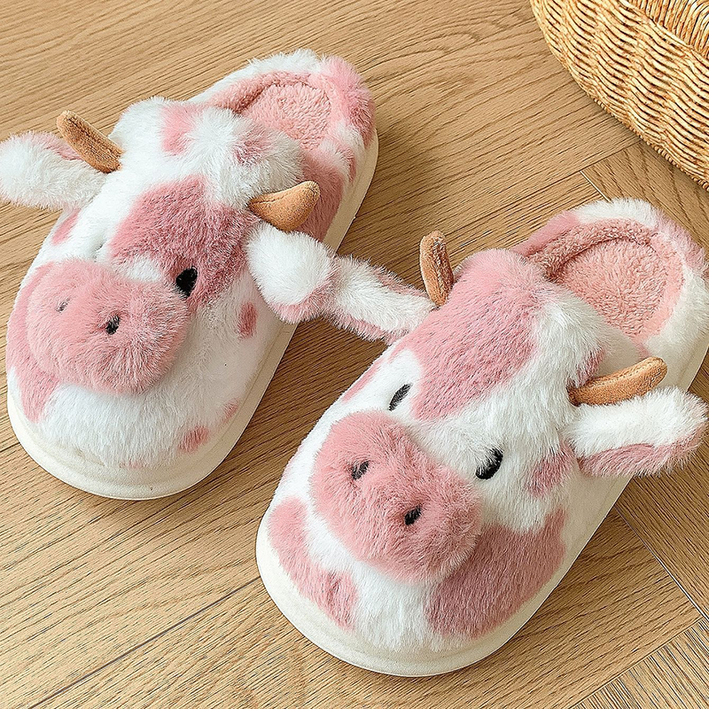 Women's Cute Cow-Themed Plush Slippers