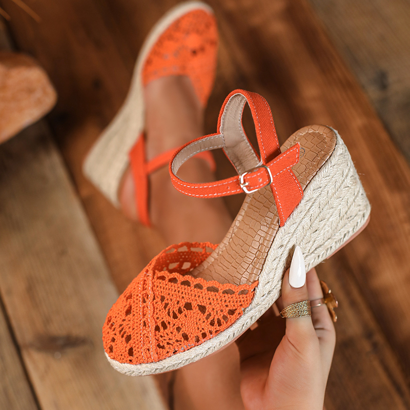 Women's Crochet Lace Closed-Toe Espadrille Wedge Sandals