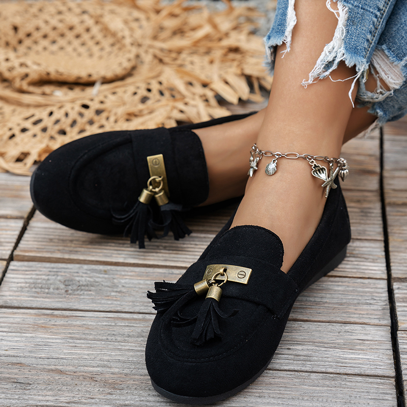 Women's Casual Loafers with Tassels and Vintage Metal Buckle