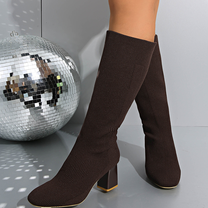 Women's Stretch Knit High-Shaft Sock Boots with Square Block Heels