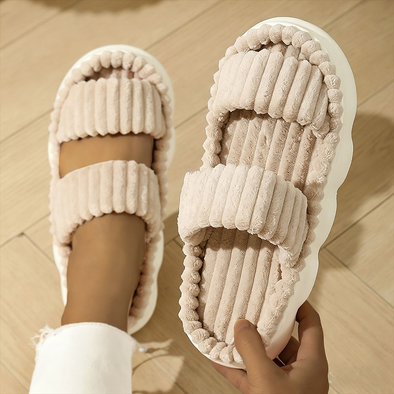 Women's Striped Plush Open-Toe Cloud-Like Indoor Slippers