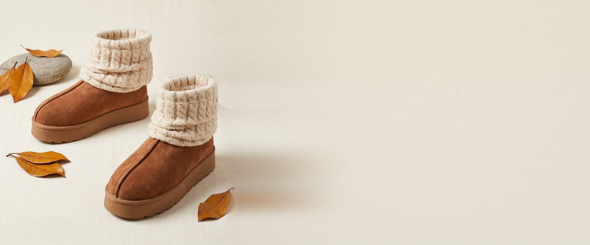 Chestnut suede platform boots with cream cable-knit collars