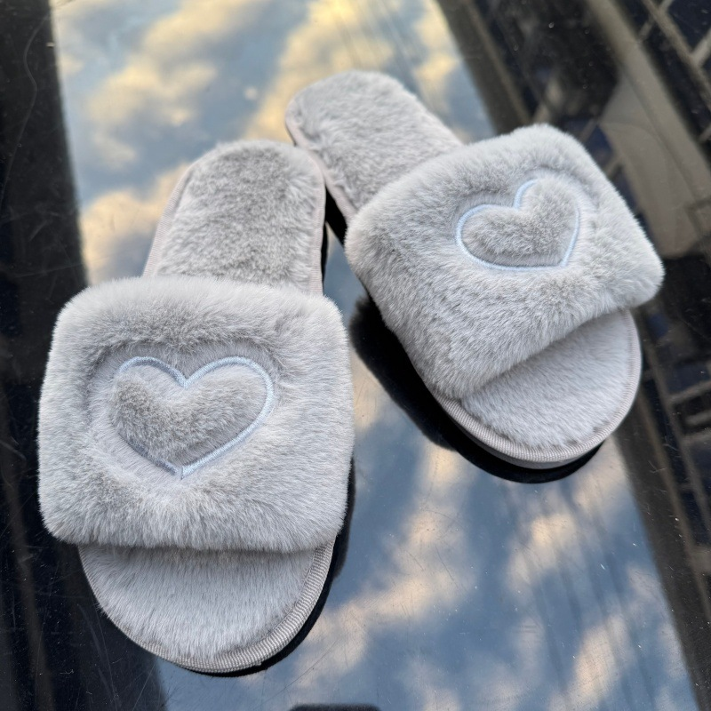 Women's Heart-Embroidered Open-Toe Plush Slippers