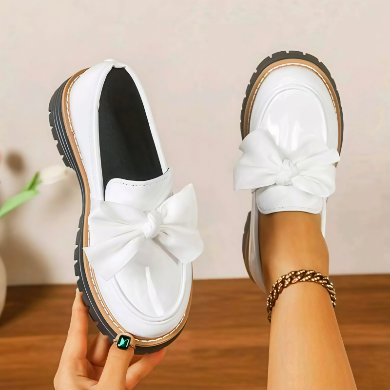 Bow Detail Patent Platform Loafers for Women
