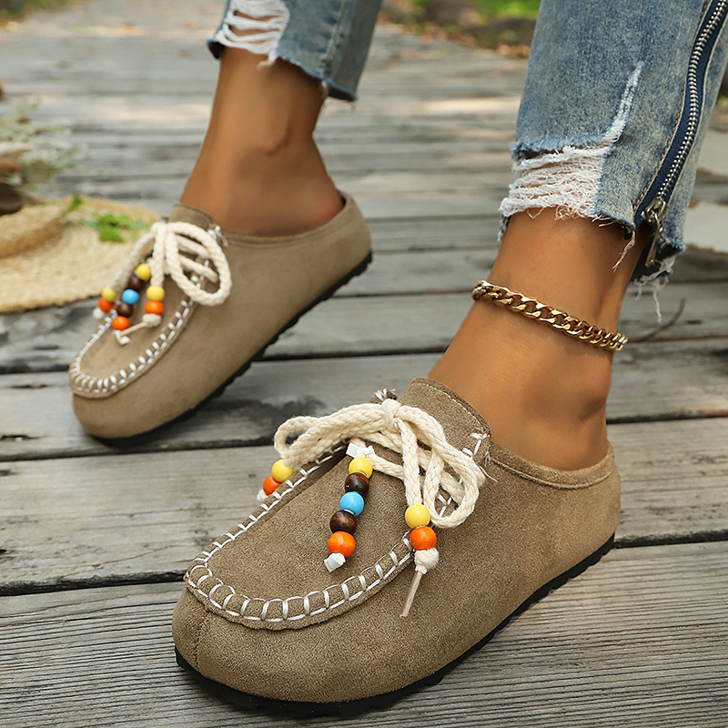 Women's Bohemian Beaded Lace-Up Flat Mules