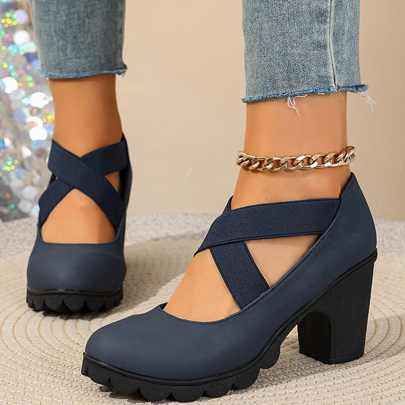 Women's Block-Heel Shoes with Crisscross Elastic Straps