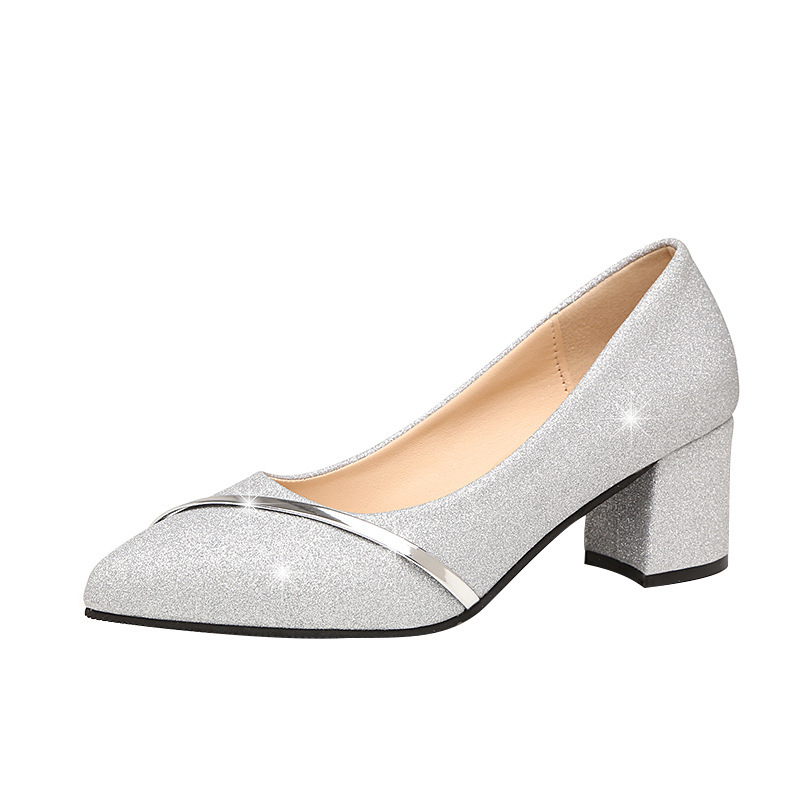 Women Glitter Pointed Toe Metallic Strap Block Heel Pumps