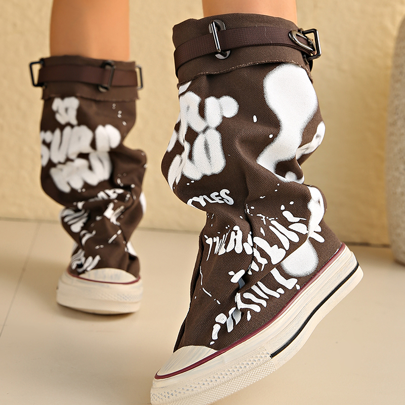 Women's Graffiti-Print Foldable Canvas Mid-Calf Boots
