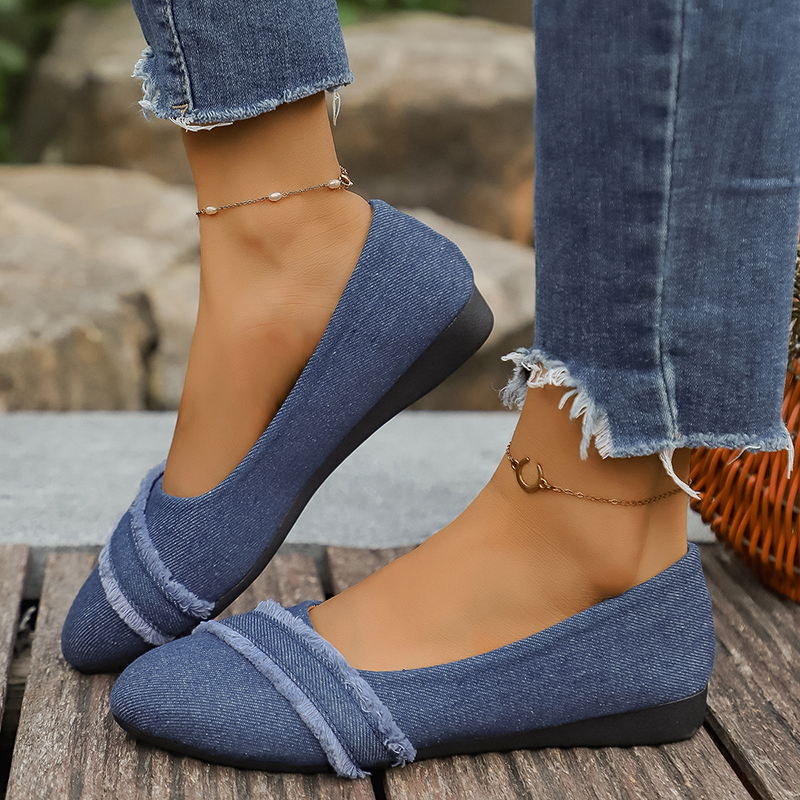 Women's Round Toe Frayed Fringe Denim Flats