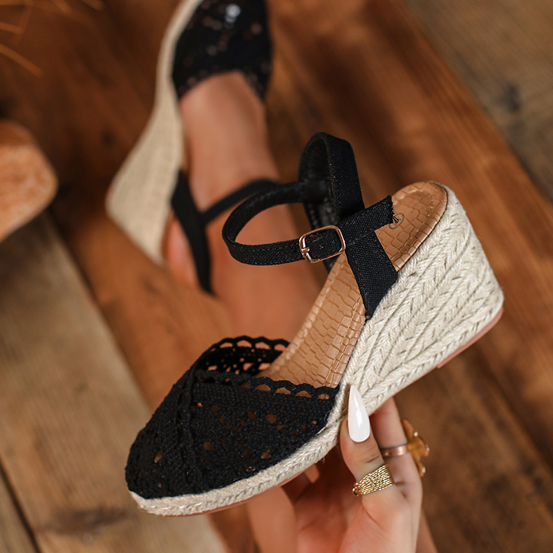 Women's Crochet Lace Closed-Toe Espadrille Wedge Sandals
