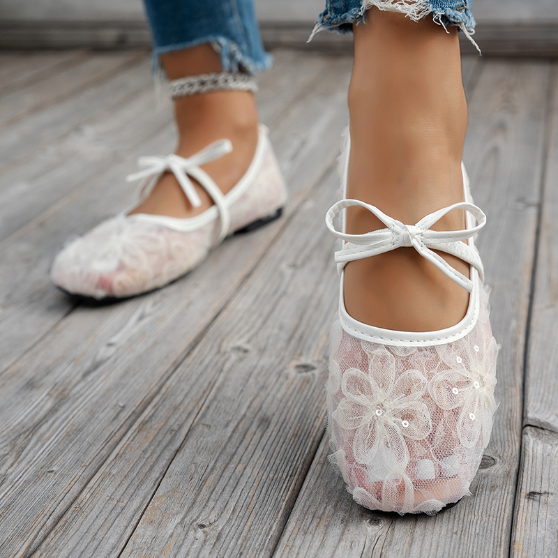 Floral Lace Mesh Bow Mary Jane Flats for Women