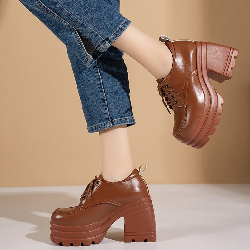 Women's Retro Lace-Up Block-Heel Platform Shoes