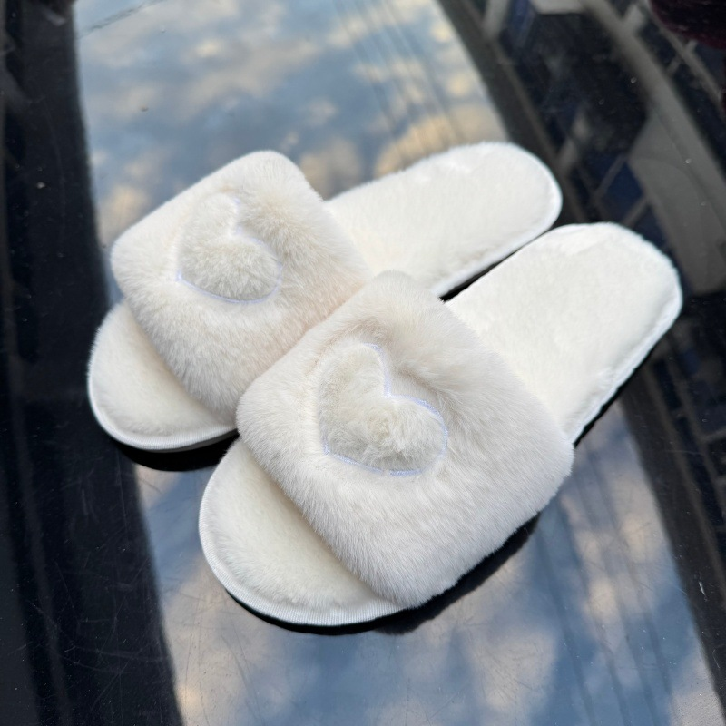 Women's Heart-Embroidered Open-Toe Plush Slippers