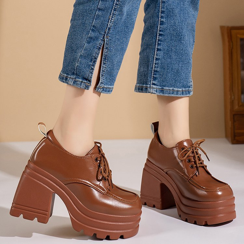 Women's Retro Lace-Up Block-Heel Platform Shoes