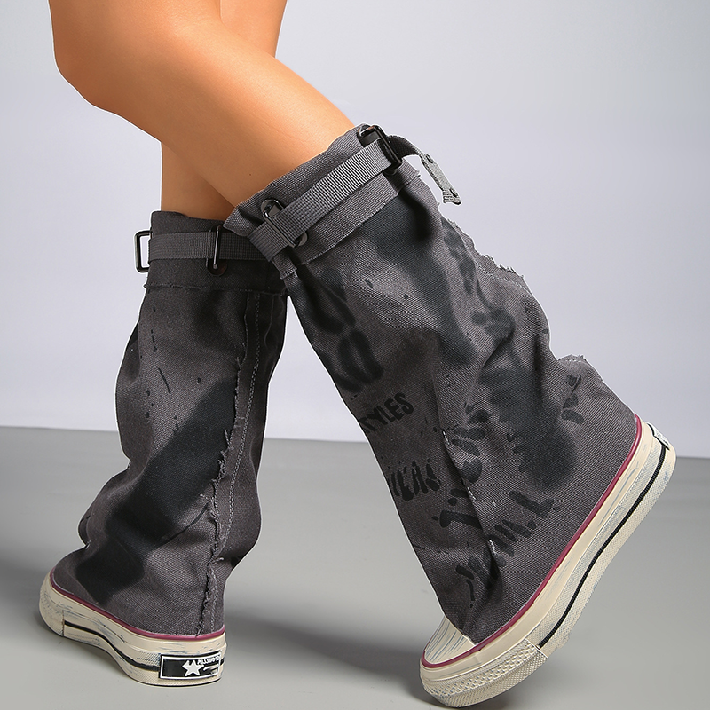 Women's Graffiti-Print Foldable Canvas Mid-Calf Boots