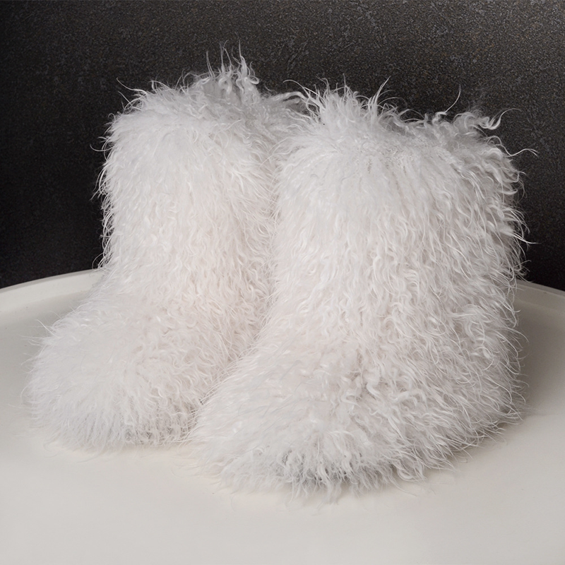 Women's fluffy curly-fur mid-calf boots