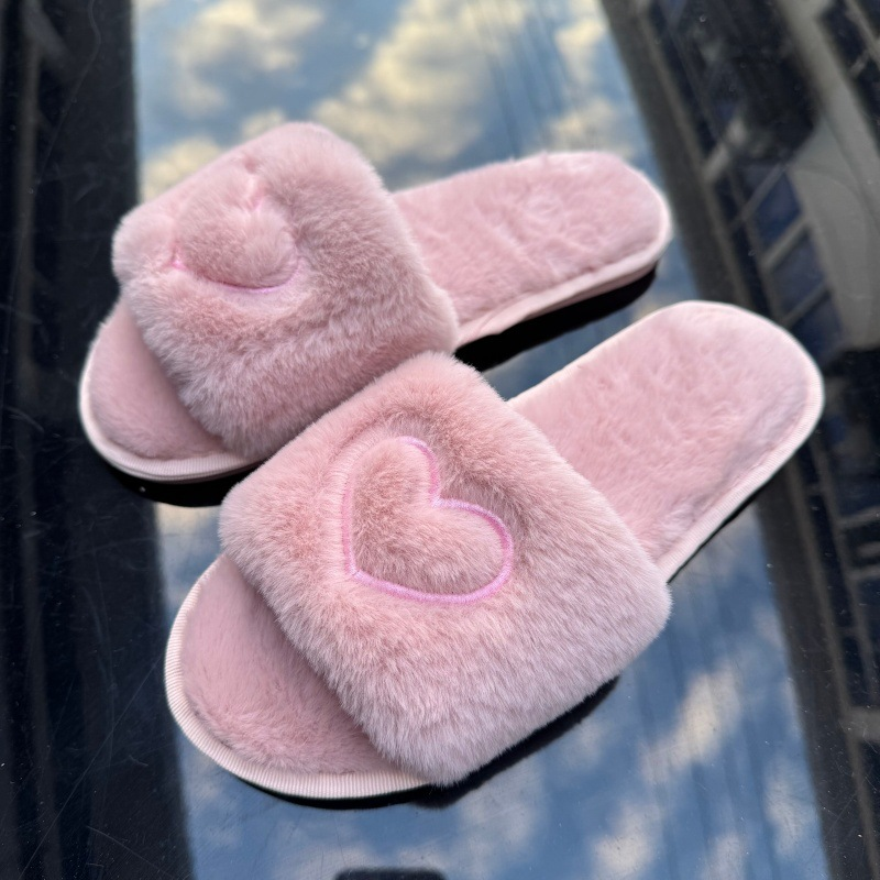 Women's Heart-Embroidered Open-Toe Plush Slippers