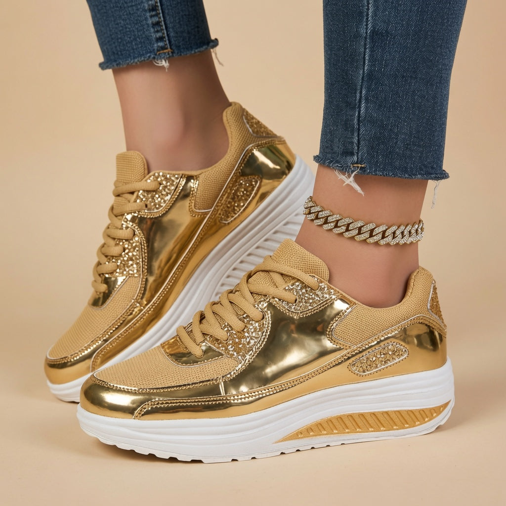 Women's gold sequined wedge platform sneakers