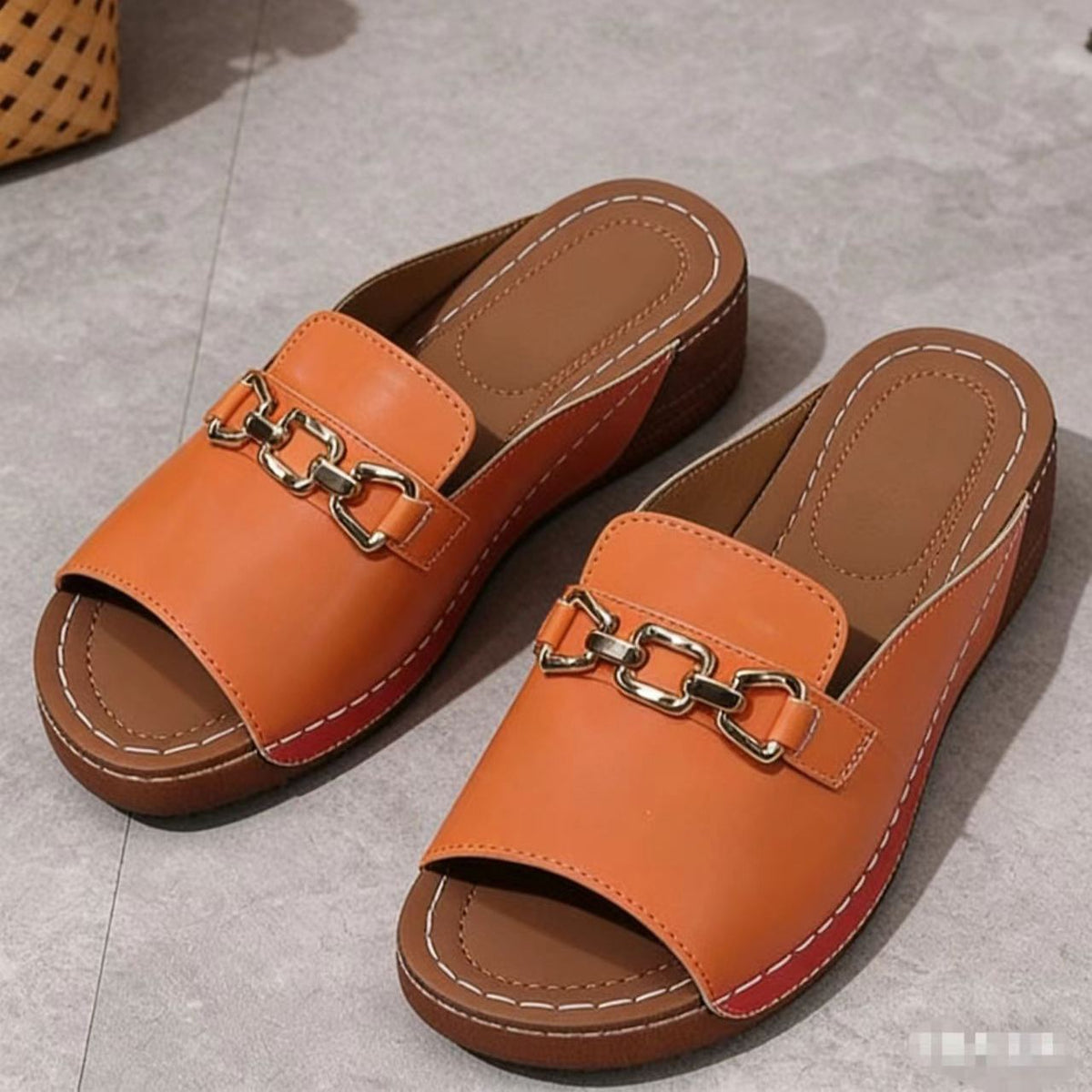 Women's Chain Buckle Peep Toe Wedge Platform Mules