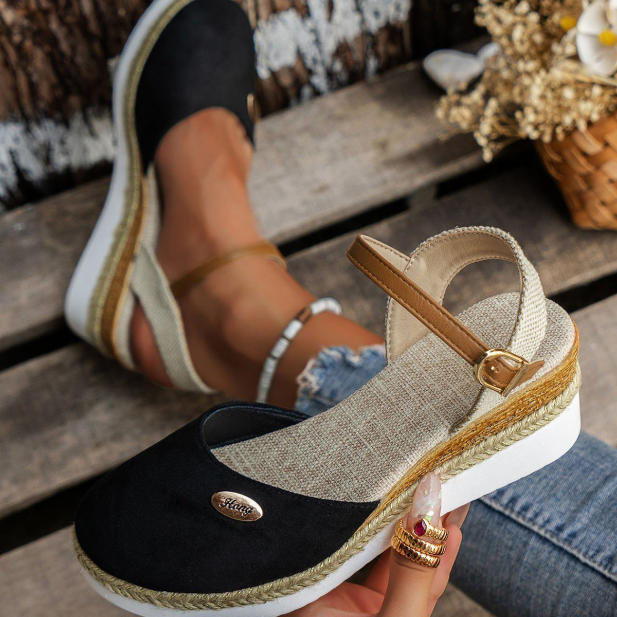 Women's Platform Wedge Espadrille Sandals - Comfortable Ankle Strap Suede Wedges with Jute Detail