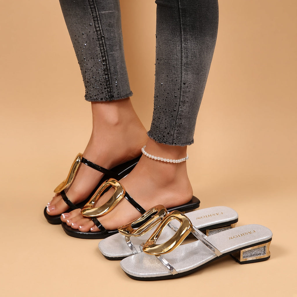 Women's square-toe slip-on mules with large metal buckle detail