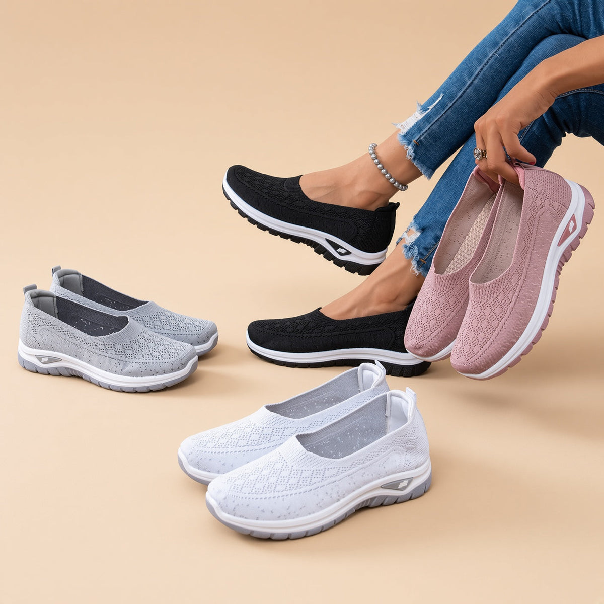 Women's Lightweight Breathable Fly-Knit Slip-On Walking Shoes